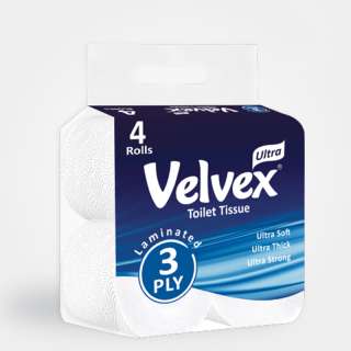 Velvex Ultra 3 Ply Laminated Unwrapped White Toilet Tissue - 4 Pack